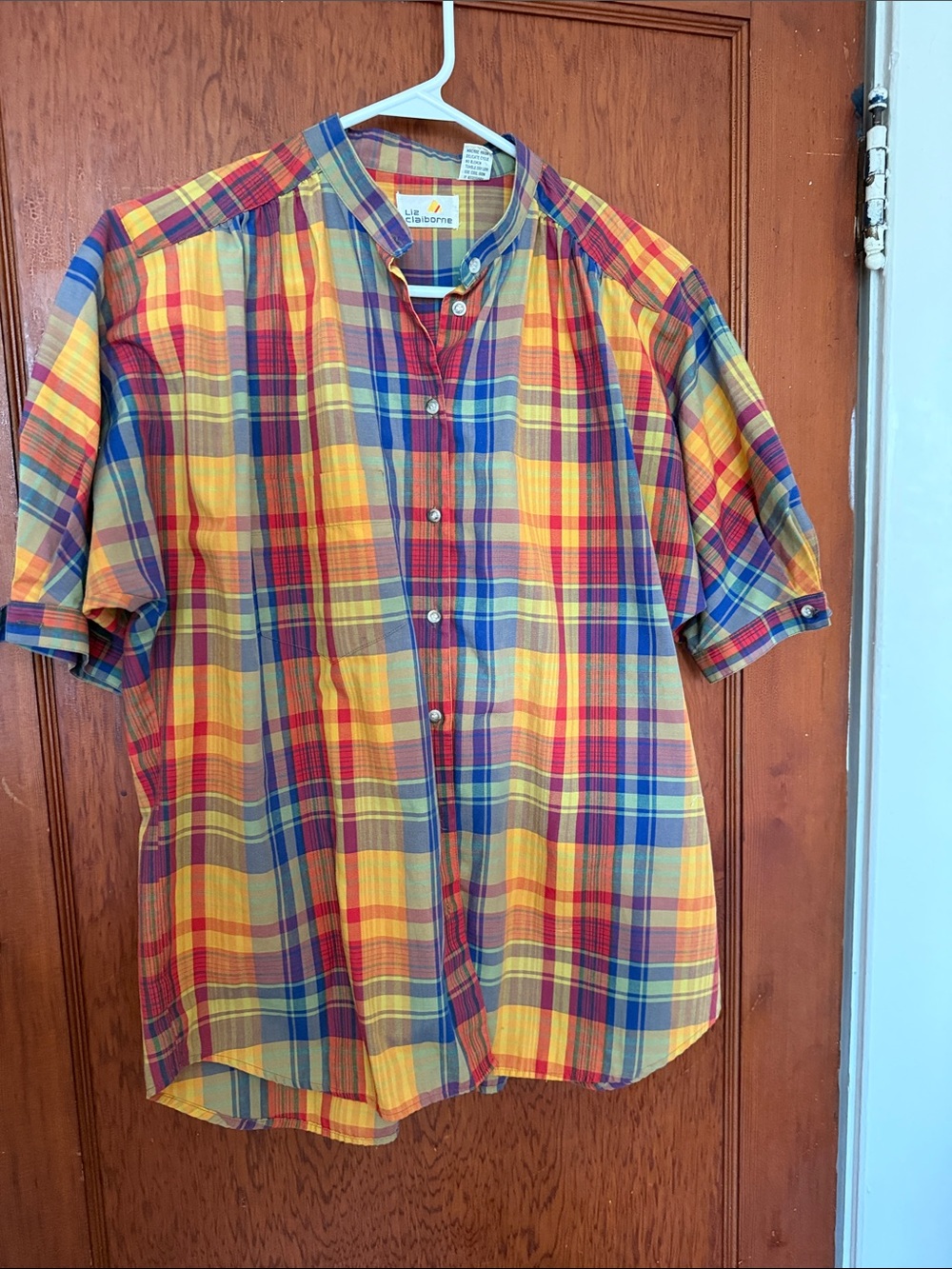 Liz Claiborne Yellow Multi madras plaid Short-Sleeve Button-Down Shirt loose fit